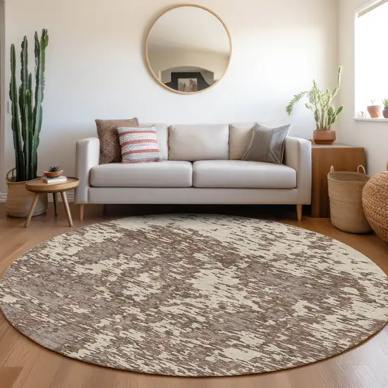 8' Brown And Beige Abstract Washable Round Rug With UV Protection Photo 4