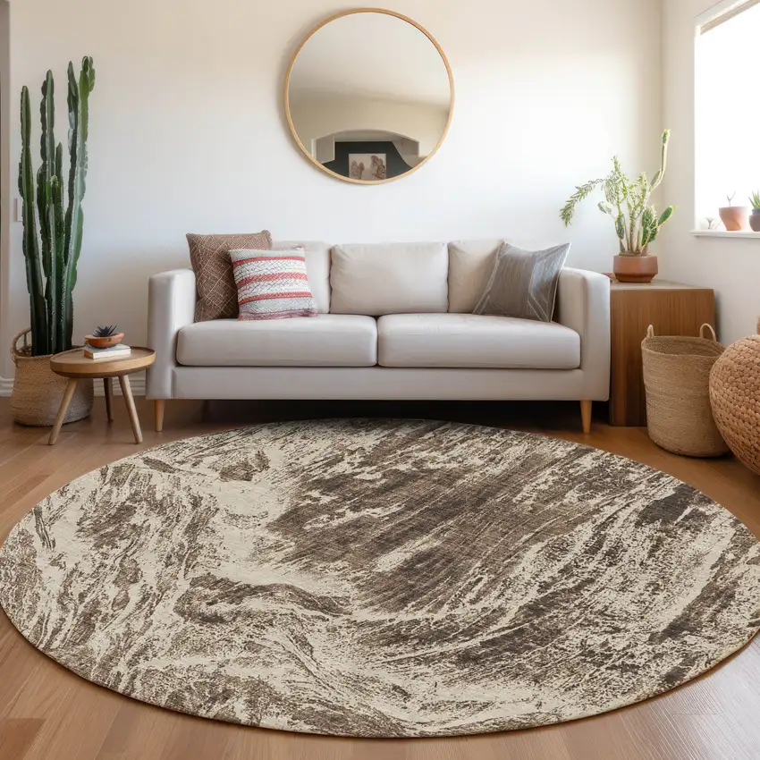 8' Brown And Beige Abstract Washable Round Rug With UV Protection Photo 4