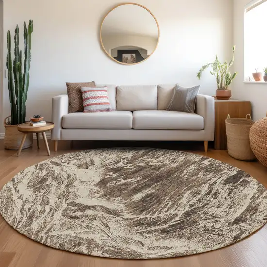 8' Brown And Beige Abstract Washable Round Rug With UV Protection Photo 4