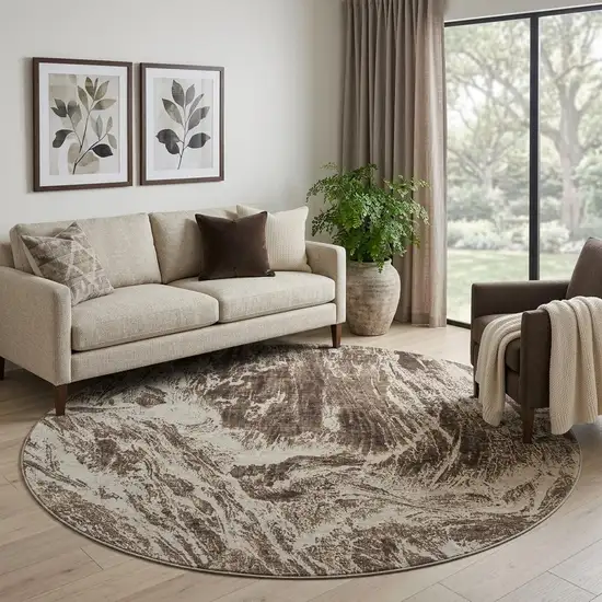 8' Brown And Beige Abstract Washable Round Rug With UV Protection Photo 1