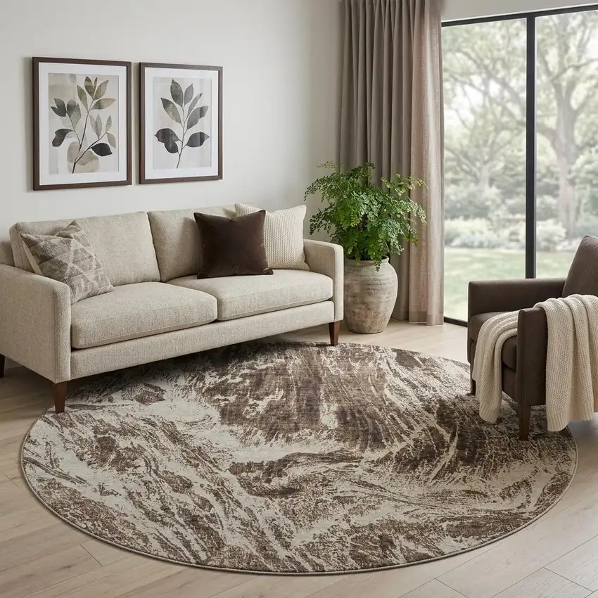 8' Brown And Beige Abstract Washable Round Rug With UV Protection Photo 1