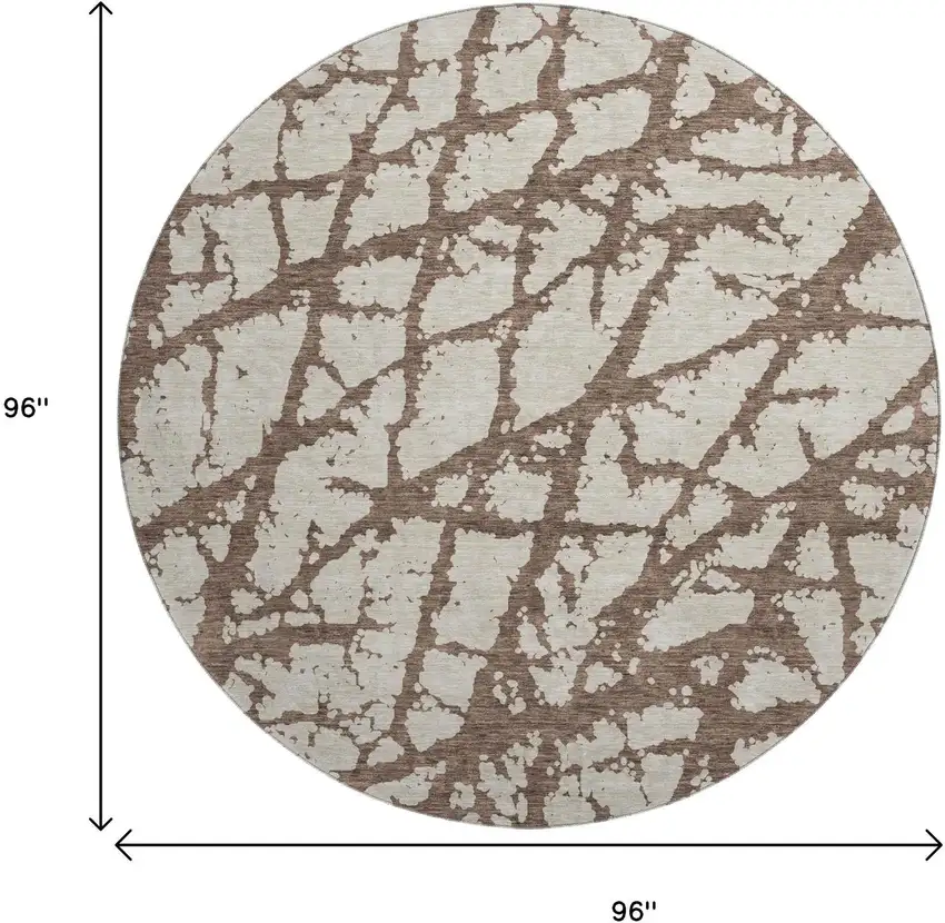 8' Brown And Beige Abstract Washable Round Rug With UV Protection Photo 9