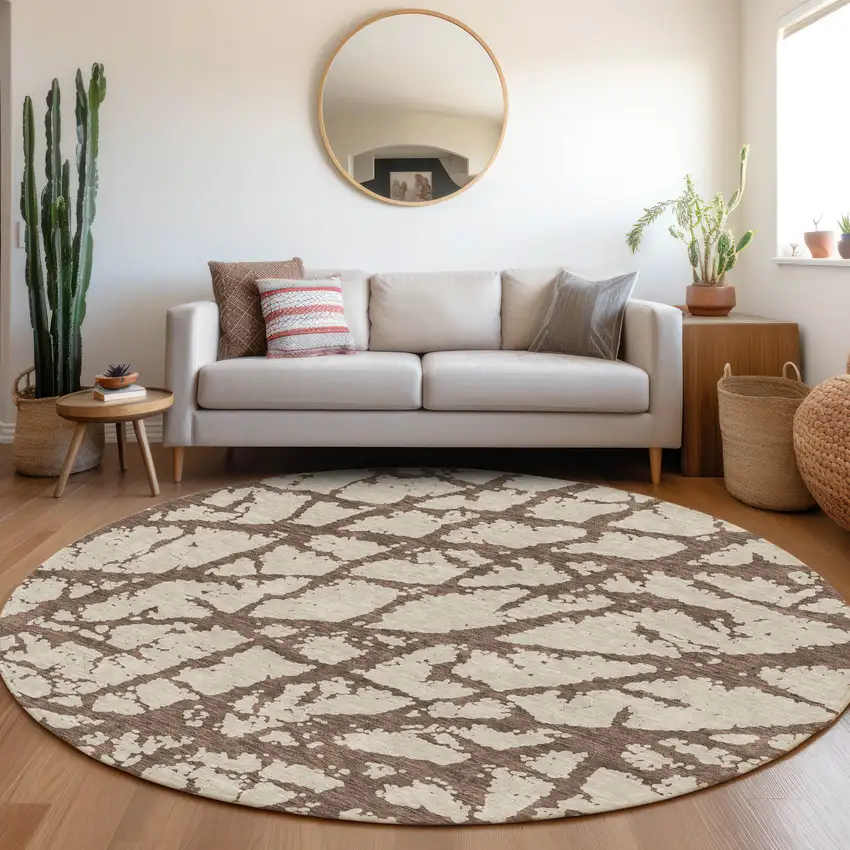 8' Brown And Beige Abstract Washable Round Rug With UV Protection Photo 4