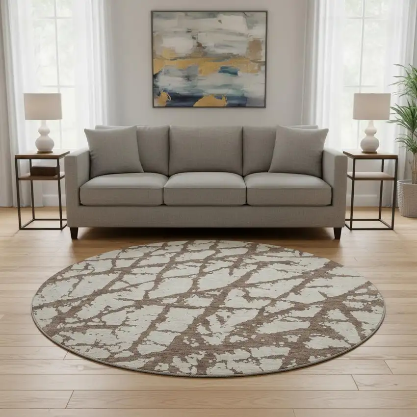 8' Brown And Beige Abstract Washable Round Rug With UV Protection Photo 2