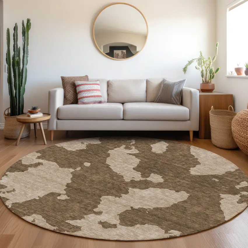 8' Brown And Beige Abstract Washable Round Rug With UV Protection Photo 4