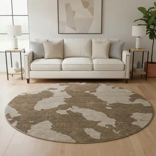 8' Brown And Beige Abstract Washable Round Rug With UV Protection Photo 2