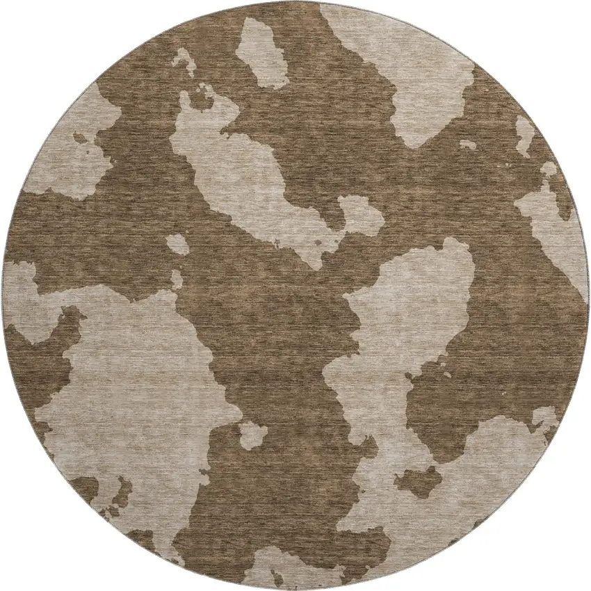 8' Brown And Beige Abstract Washable Round Rug With UV Protection Photo 1