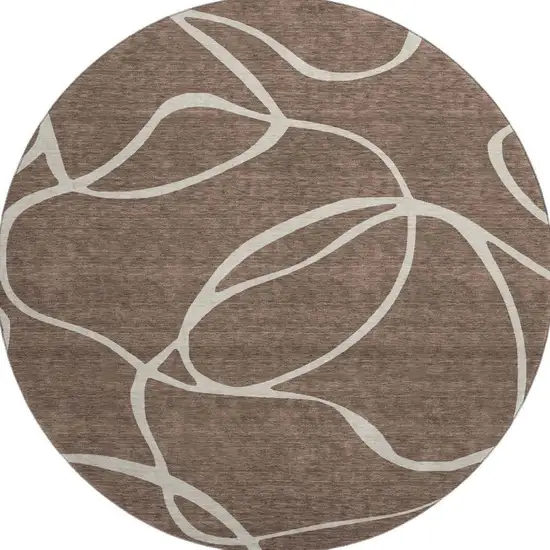 8' Brown And Beige Abstract Washable Round Rug With UV Protection Photo 2