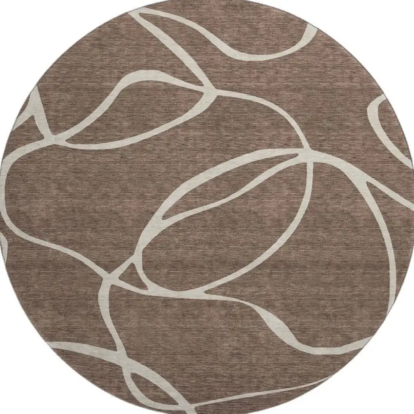 8' Brown And Beige Abstract Washable Round Rug With UV Protection Photo 2