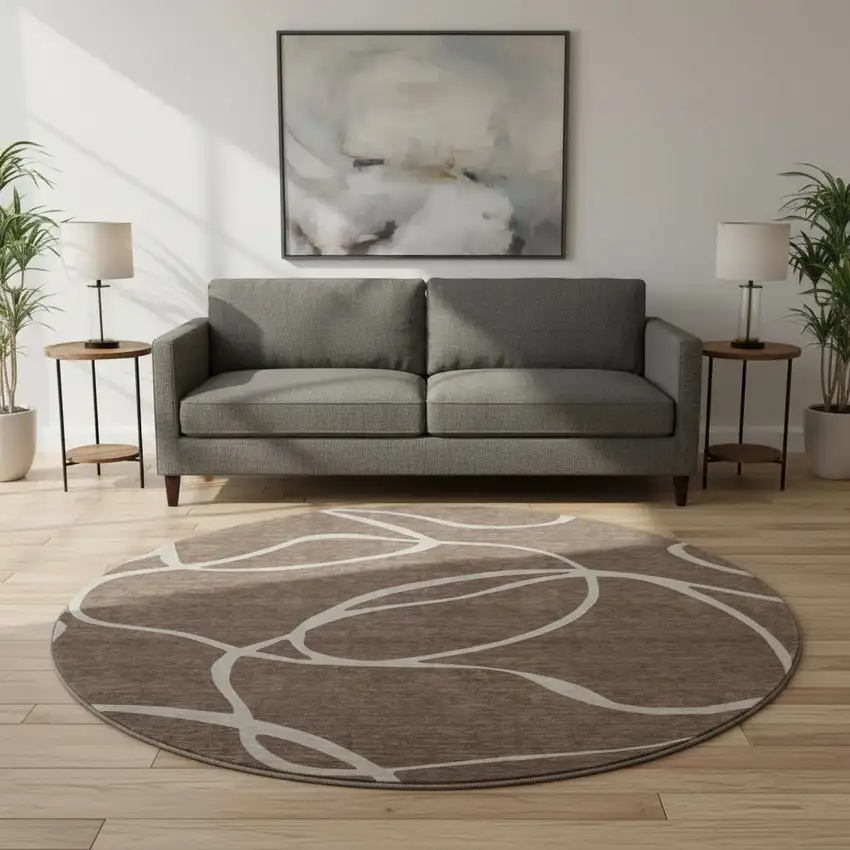 8' Brown And Beige Abstract Washable Round Rug With UV Protection Photo 2