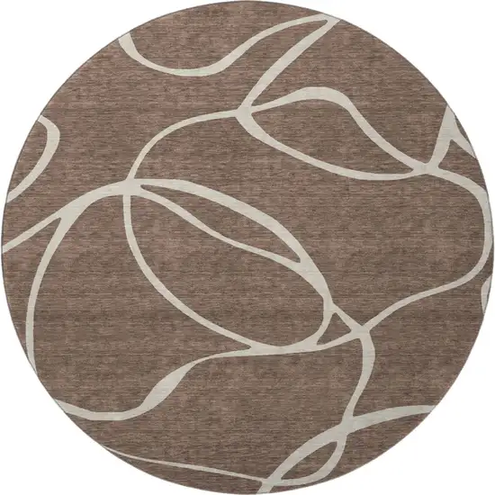 8' Brown And Beige Abstract Washable Round Rug With UV Protection Photo 3