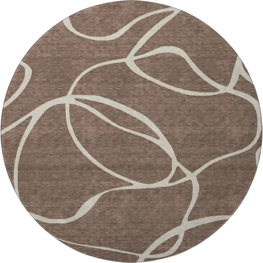 8' Brown And Beige Abstract Washable Round Rug With UV Protection Photo 3