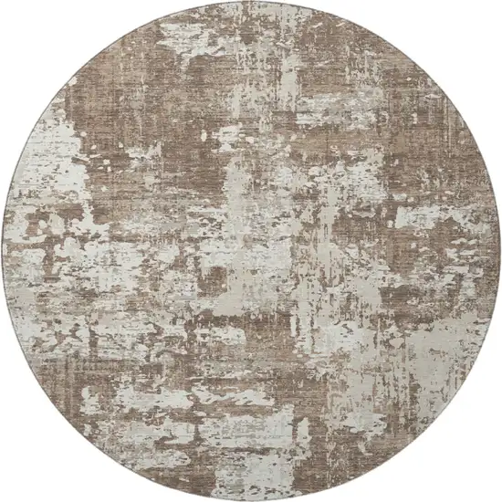 8' Brown And Beige Abstract Washable Round Rug With UV Protection Photo 3