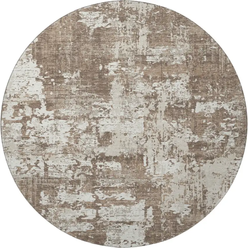 8' Brown And Beige Abstract Washable Round Rug With UV Protection Photo 3