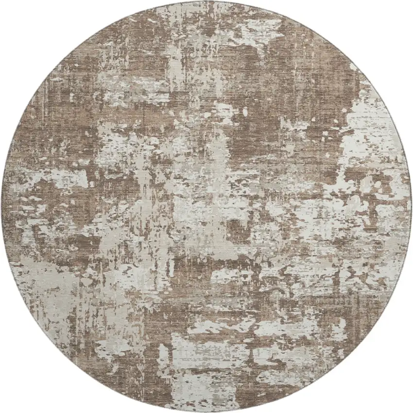 8' Brown And Beige Abstract Washable Round Rug With UV Protection Photo 1