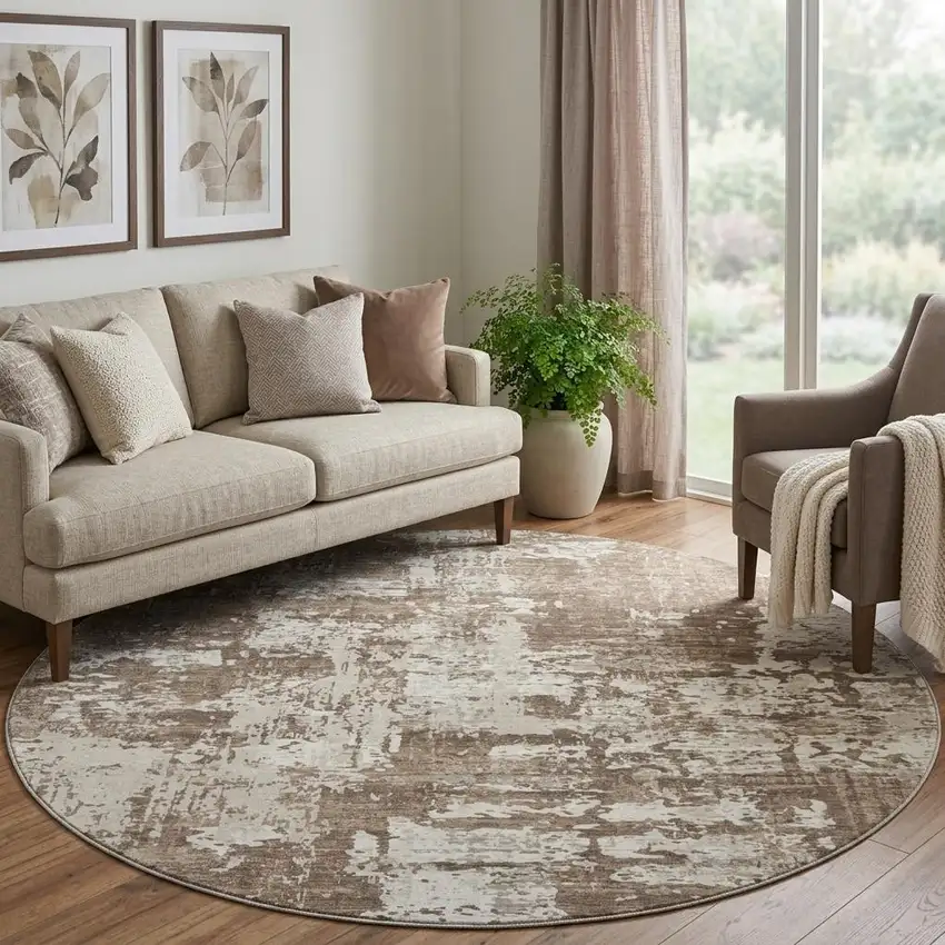 8' Brown And Beige Abstract Washable Round Rug With UV Protection Photo 1