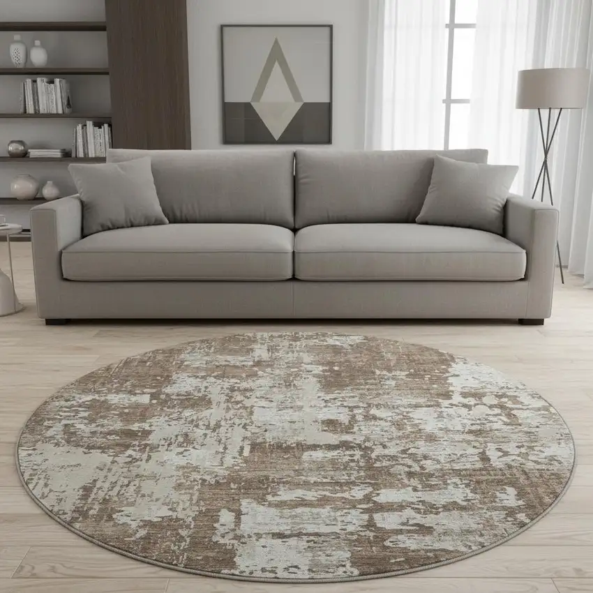 8' Brown And Beige Abstract Washable Round Rug With UV Protection Photo 2