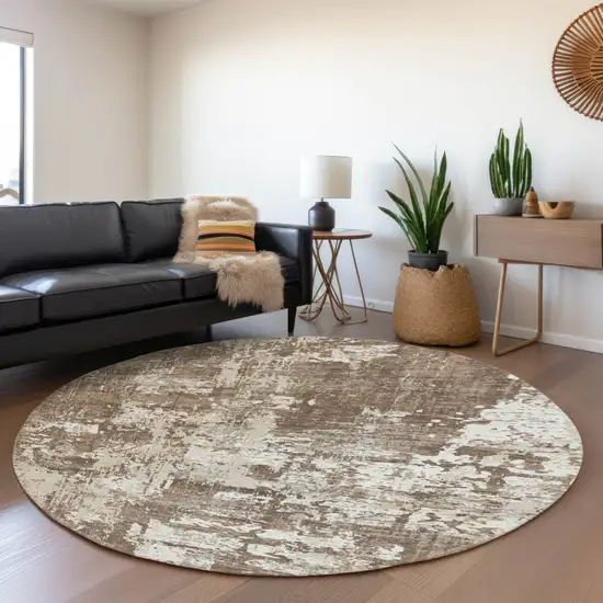 8' Brown And Beige Abstract Washable Round Rug With UV Protection Photo 4