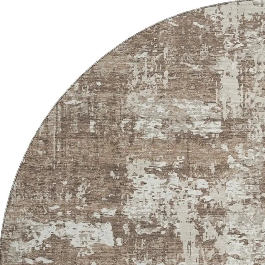 8' Brown And Beige Abstract Washable Round Rug With UV Protection Photo 2