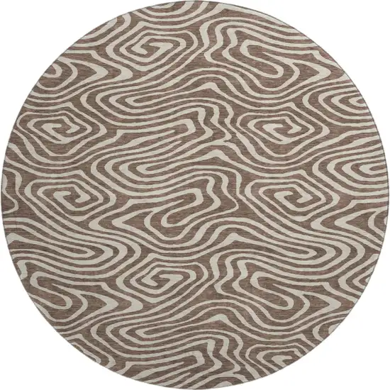 8' Brown And Beige Abstract Washable Round Rug With UV Protection Photo 1
