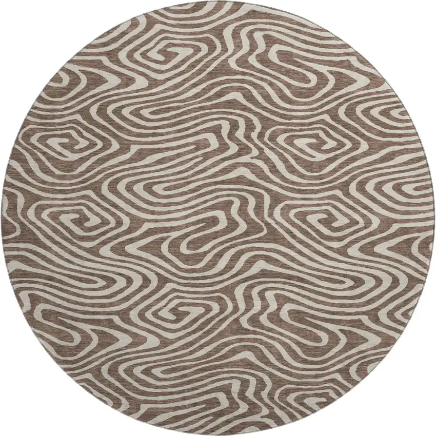 8' Brown And Beige Abstract Washable Round Rug With UV Protection Photo 1