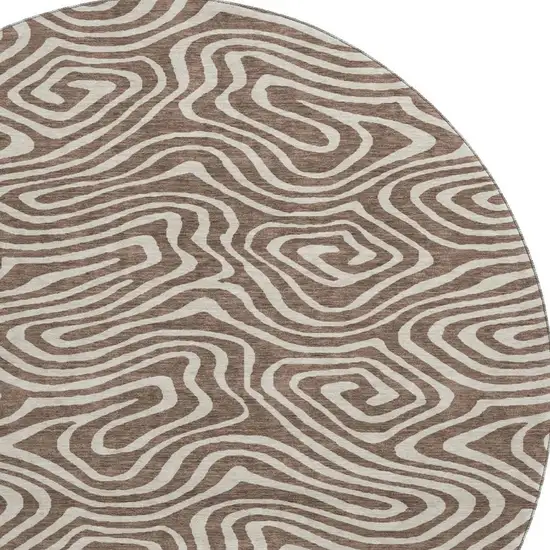 8' Brown And Beige Abstract Washable Round Rug With UV Protection Photo 3