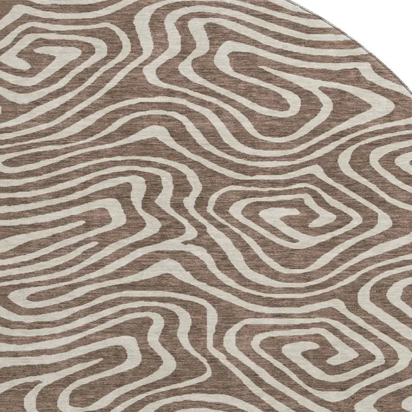 8' Brown And Beige Abstract Washable Round Rug With UV Protection Photo 2