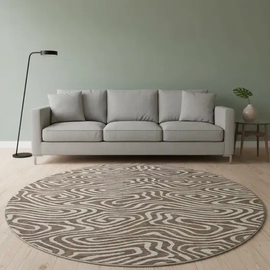8' Brown And Beige Abstract Washable Round Rug With UV Protection Photo 2