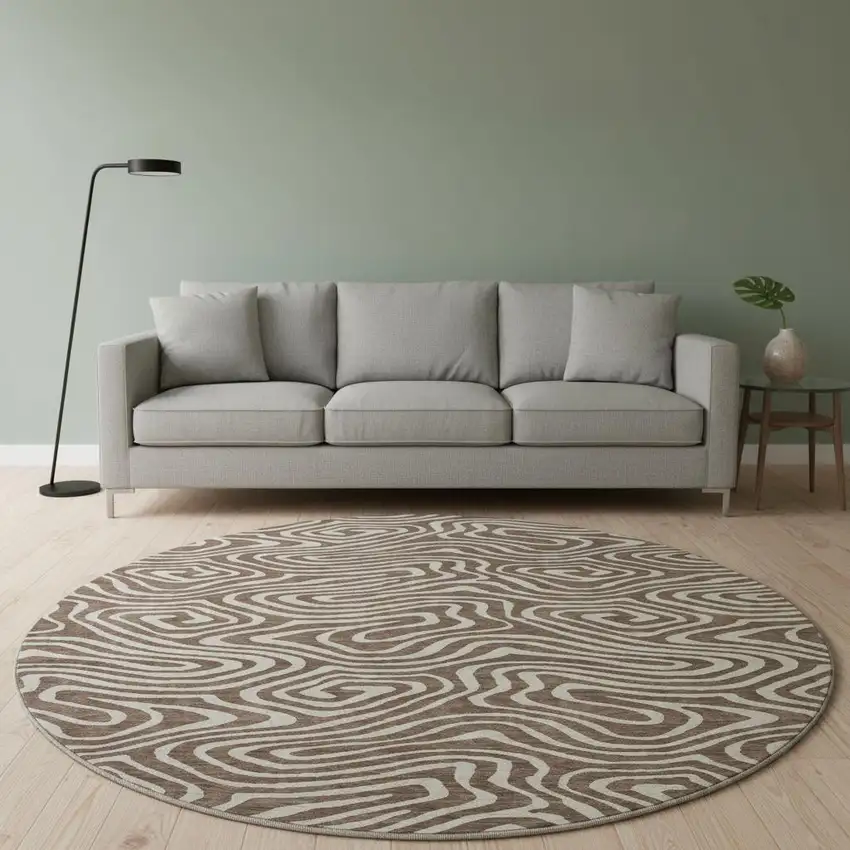 8' Brown And Beige Abstract Washable Round Rug With UV Protection Photo 2