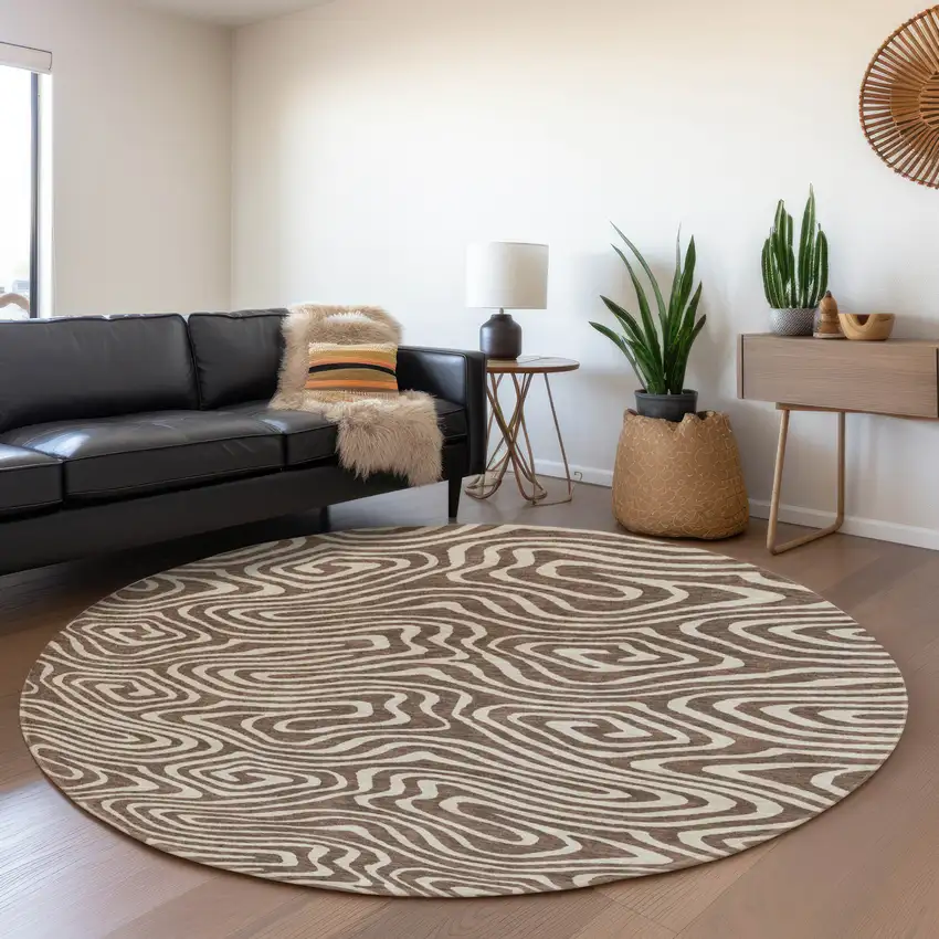 8' Brown And Beige Abstract Washable Round Rug With UV Protection Photo 4