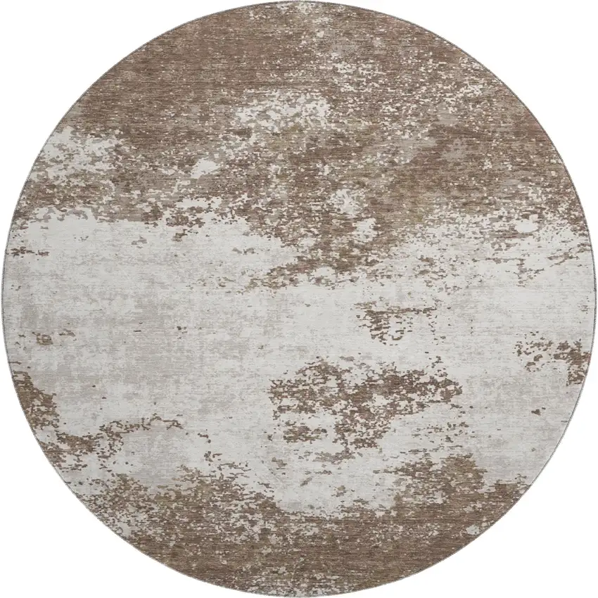 8' Brown And Beige Abstract Washable Round Rug With UV Protection Photo 1