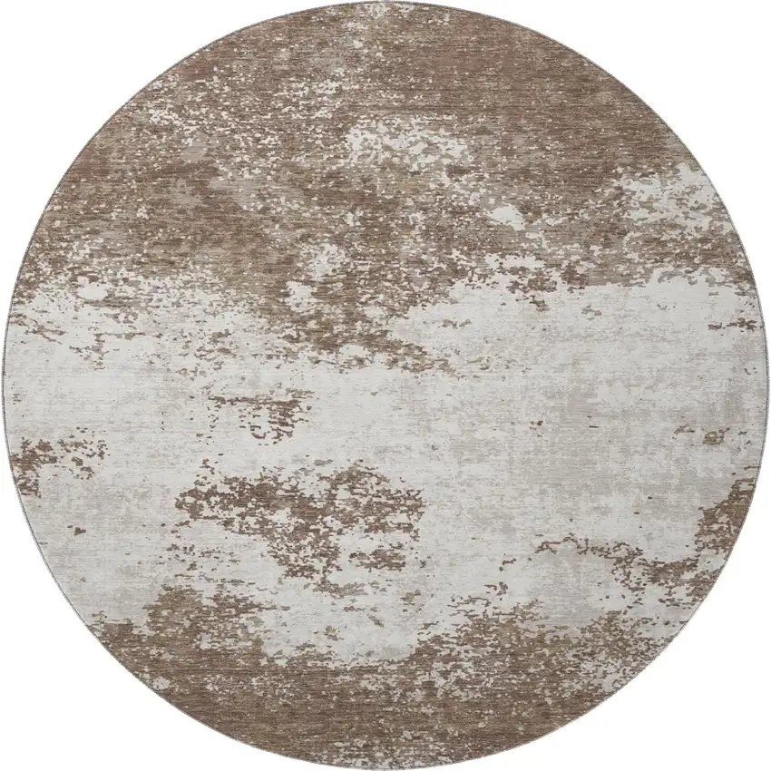 8' Brown And Beige Abstract Washable Round Rug With UV Protection Photo 2
