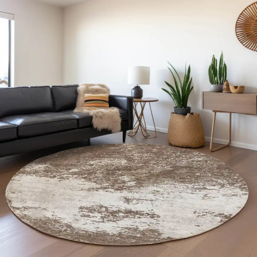 8' Brown And Beige Abstract Washable Round Rug With UV Protection Photo 3