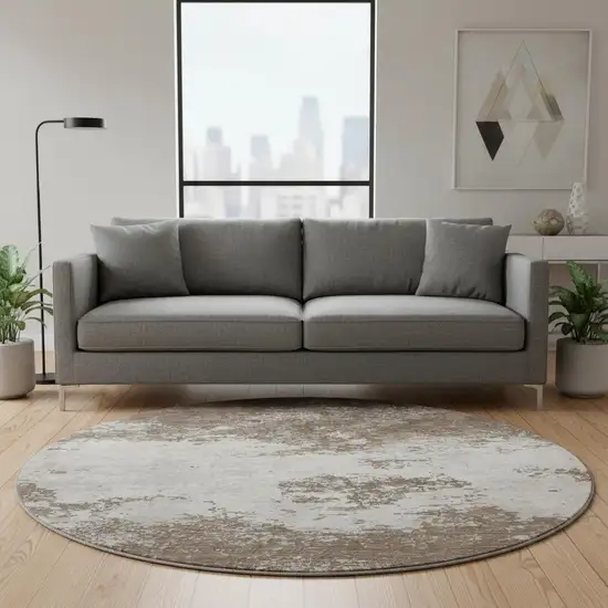 8' Brown And Beige Abstract Washable Round Rug With UV Protection Photo 2