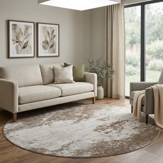 8' Brown And Beige Abstract Washable Round Rug With UV Protection Photo 1