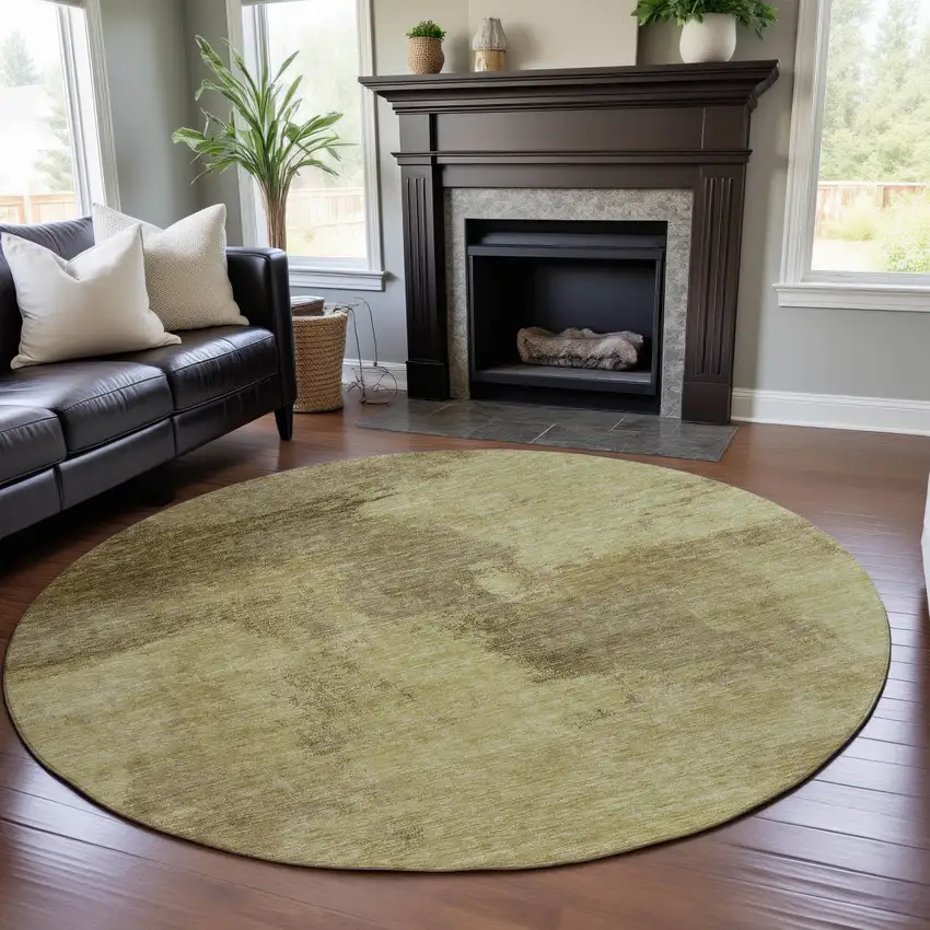 8' Brown And Beige Abstract Washable Round Rug With UV Protection Photo 4