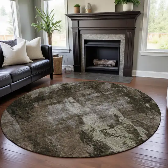 8' Brown And Beige Abstract Washable Round Rug With UV Protection Photo 3