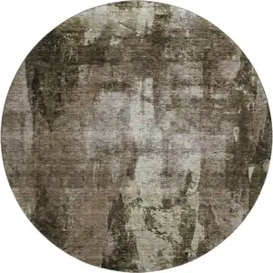 Photo of 8' Brown And Beige Abstract Washable Round Rug With UV Protection