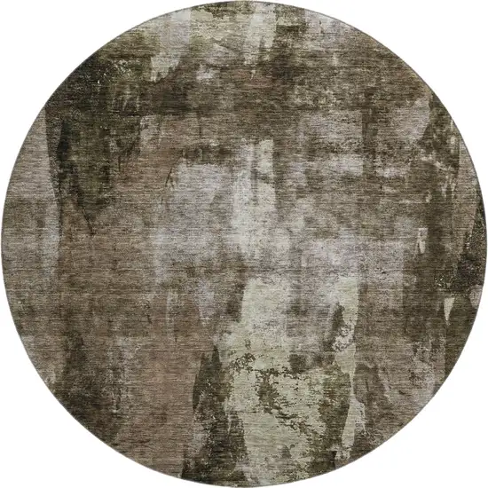 8' Brown And Beige Abstract Washable Round Rug With UV Protection Photo 1