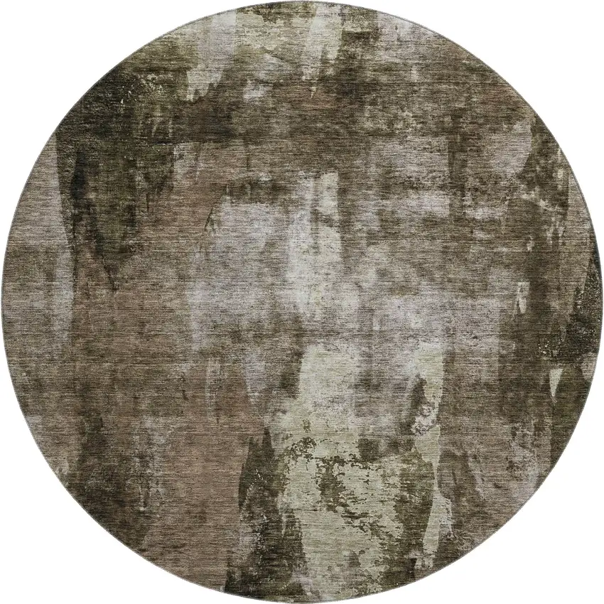 8' Brown And Beige Abstract Washable Round Rug With UV Protection Photo 1