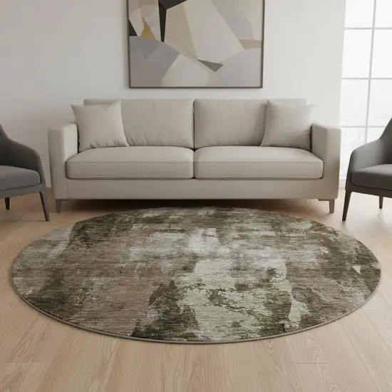 8' Brown And Beige Abstract Washable Round Rug With UV Protection Photo 2