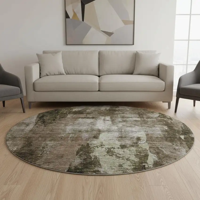 8' Brown And Beige Abstract Washable Round Rug With UV Protection Photo 2