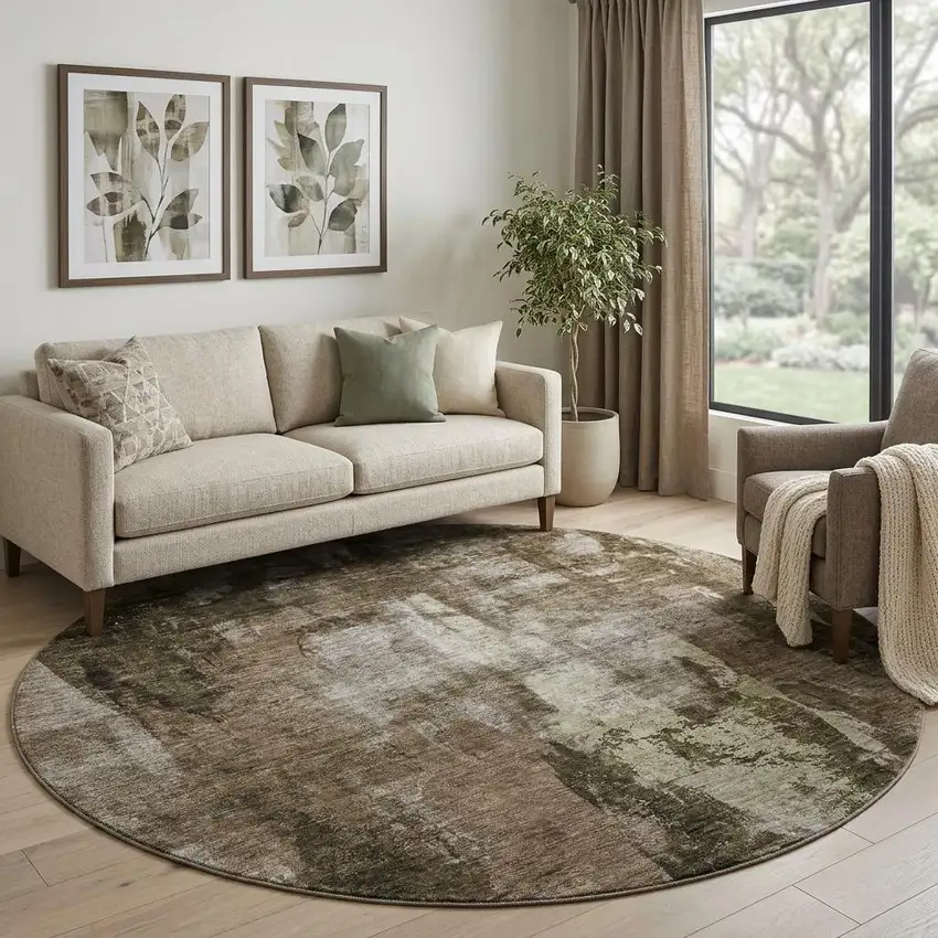 8' Brown And Beige Abstract Washable Round Rug With UV Protection Photo 1
