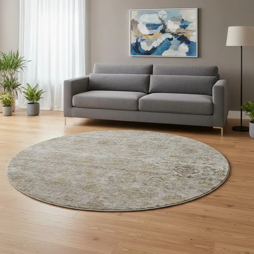 8' Brown And Beige Abstract Washable Round Rug With UV Protection Photo 2