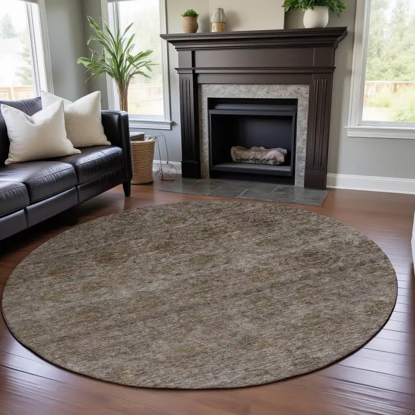 8' Brown And Beige Abstract Washable Round Rug With UV Protection Photo 3