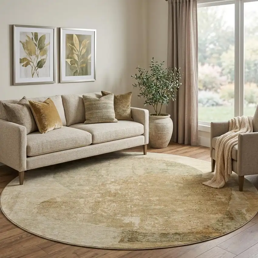 8' Brown And Beige Abstract Washable Round Rug With UV Protection Photo 1