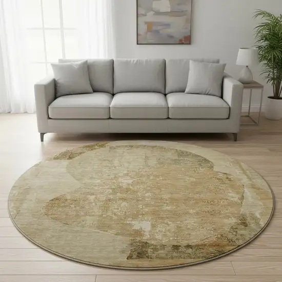8' Brown And Beige Abstract Washable Round Rug With UV Protection Photo 2