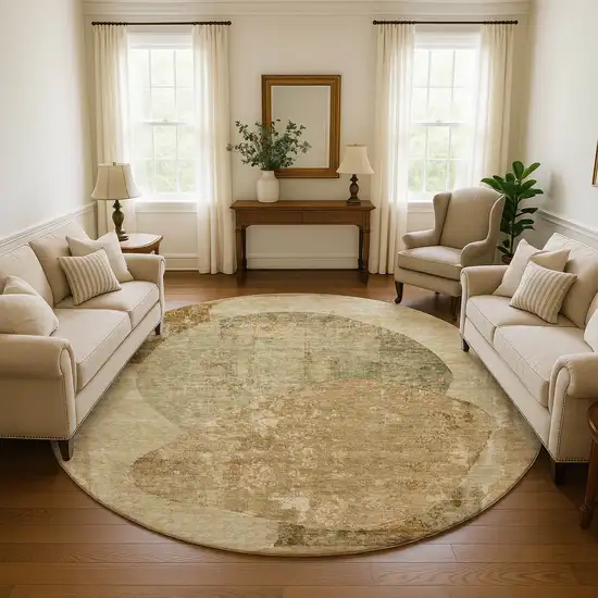 8' Brown And Beige Abstract Washable Round Rug With UV Protection Photo 4