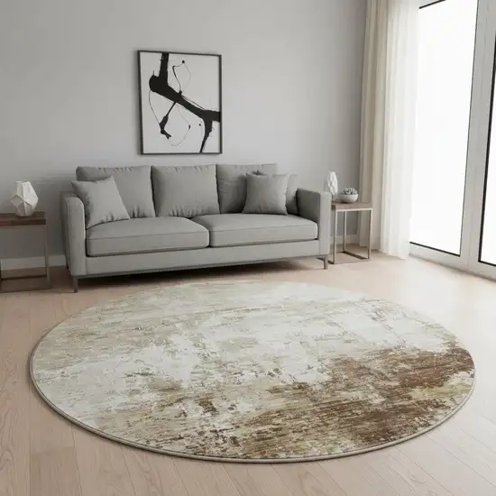 8' Brown And Beige Abstract Washable Round Rug With UV Protection Photo 2