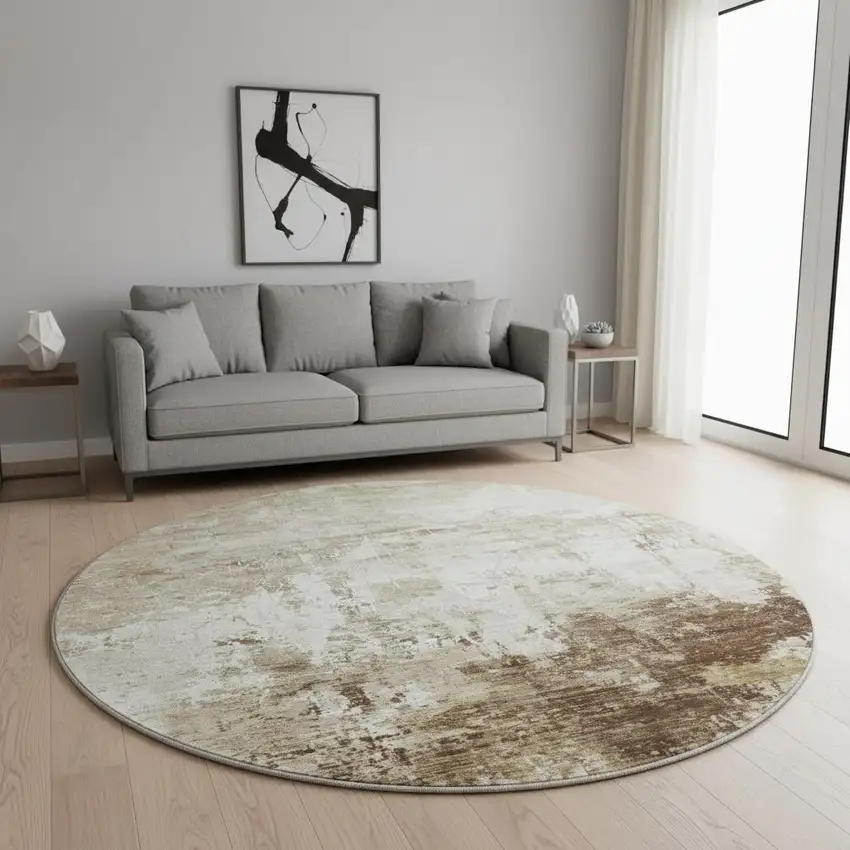 8' Brown And Beige Abstract Washable Round Rug With UV Protection Photo 2